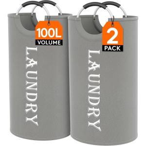 Lifewit 100L 2-Pack Large Laundry Basket, Collapsible Laundry Hamper with Aluminum Handles, Waterproof Freestanding Dirty Clothes Hampers for Laundry Room Bedroom Dorm Bathroom, Black(Silver Grey)