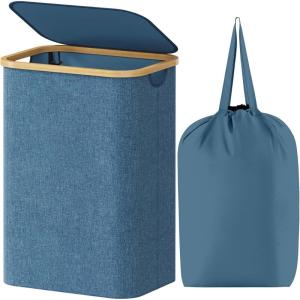 Lifewit 100L Laundry Basket with Lid, Clothes Hampers for Laundry with Bamboo Handles and A Removable Bag, Large Foldable Laundry Hamper for Bedroom, Bathroom, Dorm, Laundry Room, Beige(Dark Blue)
