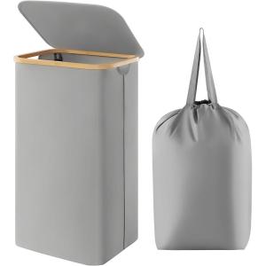 Lifewit 100L Laundry Basket with Lid, Clothes Hampers for Laundry with Bamboo Handles and A Removable Bag, Large Foldable Laundry Hamper for Bedroom, Bathroom, Dorm, Laundry Room, Beige(Silver Grey)