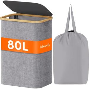 Lifewit 100L Laundry Basket with Lid, Clothes Hampers for Laundry with Bamboo Handles and A Removable Bag, Large Foldable Laundry Hamper for Bedroom, Bathroom, Dorm, Laundry Room, Beige(Light Gray)