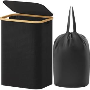 Lifewit 100L Laundry Basket with Lid, Clothes Hampers for Laundry with Bamboo Handles and A Removable Bag, Large Foldable Laundry Hamper for Bedroom, Bathroom, Dorm, Laundry Room, Beige(Black)