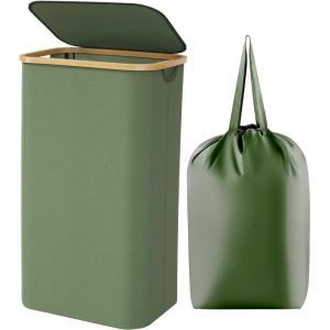 Lifewit 100L Laundry Basket with Lid, Clothes Hampers for Laundry with Bamboo Handles and A Removable Bag, Large Foldable Laundry Hamper for Bedroom, Bathroom, Dorm, Laundry Room, Beige(Green)