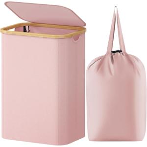 Lifewit 100L Laundry Basket with Lid, Clothes Hampers for Laundry with Bamboo Handles and A Removable Bag, Large Foldable Laundry Hamper for Bedroom, Bathroom, Dorm, Laundry Room, Beige(Pink)