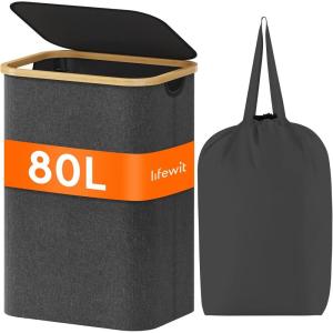 Lifewit 100L Laundry Basket with Lid, Clothes Hampers for Laundry with Bamboo Handles and A Removable Bag, Large Foldable Laundry Hamper for Bedroom, Bathroom, Dorm, Laundry Room, Beige(Dark Gray)