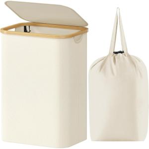 Lifewit 100L Laundry Basket with Lid, Clothes Hampers for Laundry with Bamboo Handles and A Removable Bag, Large Foldable Laundry Hamper for Bedroom, Bathroom, Dorm, Laundry Room, Beige(White)