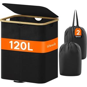 Lifewit 120L Double Laundry Hamper with Lid, Large Dual Laundry Basket Removable Bags, 2 Sections Aesthetic Clothes Hampers for Laundry with Bamboo Handles for Bedroom Bathroom Dorm, Black(Black)