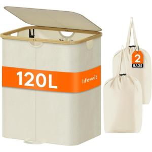 Lifewit 120L Double Laundry Hamper with Lid, Large Dual Laundry Basket Removable Bags, 2 Sections Aesthetic Clothes Hampers for Laundry with Bamboo Handles for Bedroom Bathroom Dorm, Black(Beige)