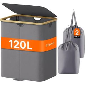 Lifewit 120L Double Laundry Hamper with Lid, Large Dual Laundry Basket Removable Bags, 2 Sections Aesthetic Clothes Hampers for Laundry with Bamboo Handles for Bedroom Bathroom Dorm, Black(Grey)