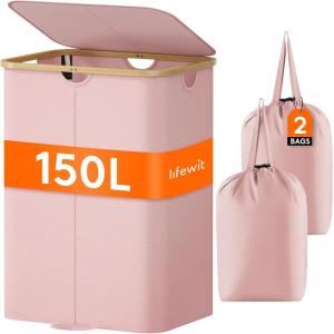 Lifewit 120L Double Laundry Hamper with Lid, Large Dual Laundry Basket Removable Bags, 2 Sections Aesthetic Clothes Hampers for Laundry with Bamboo Handles for Bedroom Bathroom Dorm, Black(Pink)