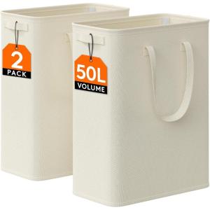 Lifewit 2 Pack Slim Laundry Hamper, Collapsible Narrow Laundry Basket, Small Tall Dirty Clothes Hampers with Handles for Bathroom Bedroom College Dorm, Black, 50L(White)