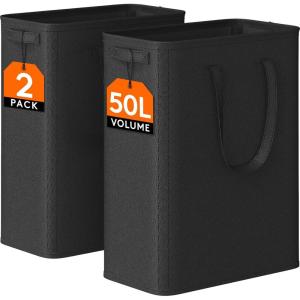 Lifewit 2 Pack Slim Laundry Hamper, Collapsible Narrow Laundry Basket, Small Tall Dirty Clothes Hampers with Handles for Bathroom Bedroom College Dorm, Black, 50L(Black)