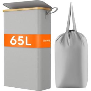 Lifewit 65L Slim Laundry Hamper with Lid, Narrow Laundry Basket with Removable Bag & Bamboo Handles, Fodable Thin Dirty Clothes Hamper for Laundry Collapsible Bin for Bathroom Bedroom Dorm, Dark Gray(Silver Grey)