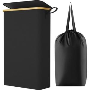 Lifewit 65L Slim Laundry Hamper with Lid, Narrow Laundry Basket with Removable Bag & Bamboo Handles, Fodable Thin Dirty Clothes Hamper for Laundry Collapsible Bin for Bathroom Bedroom Dorm, Dark Gray(Black)