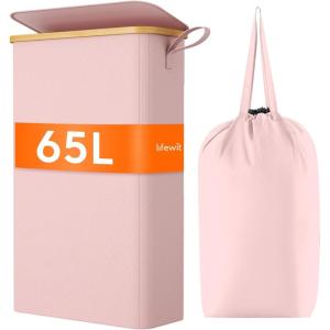 Lifewit 65L Slim Laundry Hamper with Lid, Narrow Laundry Basket with Removable Bag & Bamboo Handles, Fodable Thin Dirty Clothes Hamper for Laundry Collapsible Bin for Bathroom Bedroom Dorm, Dark Gray(Pink)