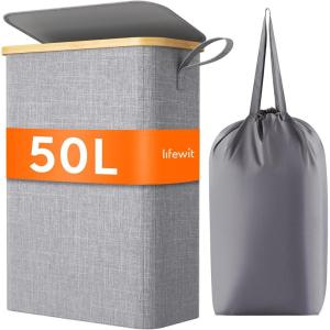 Lifewit 65L Slim Laundry Hamper with Lid, Narrow Laundry Basket with Removable Bag & Bamboo Handles, Fodable Thin Dirty Clothes Hamper for Laundry Collapsible Bin for Bathroom Bedroom Dorm, Dark Gray(Gray)