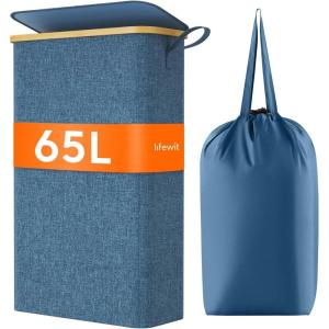 Lifewit 65L Slim Laundry Hamper with Lid, Narrow Laundry Basket with Removable Bag & Bamboo Handles, Fodable Thin Dirty Clothes Hamper for Laundry Collapsible Bin for Bathroom Bedroom Dorm, Dark Gray(Dark Blue)