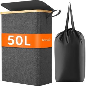 Lifewit 65L Slim Laundry Hamper with Lid, Narrow Laundry Basket with Removable Bag & Bamboo Handles, Fodable Thin Dirty Clothes Hamper for Laundry Collapsible Bin for Bathroom Bedroom Dorm, Dark Gray(Dark Gray)