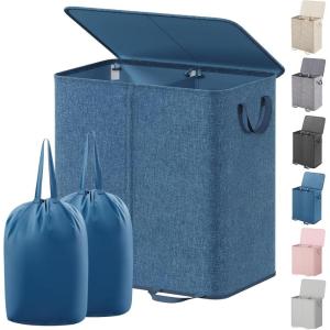 Lifewit Double Laundry Hamper with Lid and Removable Laundry Bags, Large Collapsible 2 Dividers Dirty Clothes Basket with Handles for Bedroom, Laundry Room, Closet, Bathroom, College, 136L Gray(Blue)