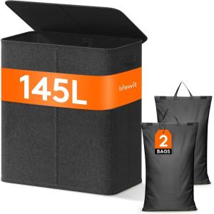 Lifewit Double Laundry Hamper with Lid and Removable Laundry Bags, Large Collapsible 2 Dividers Dirty Clothes Basket with Handles for Bedroom, Laundry Room, Closet, Bathroom, College, 136L Gray(Dark Gray)