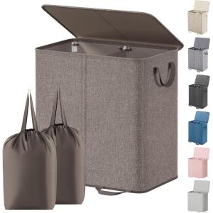 Lifewit Double Laundry Hamper with Lid and Removable Laundry Bags, Large Collapsible 2 Dividers Dirty Clothes Basket with Handles for Bedroom, Laundry Room, Closet, Bathroom, College, 136L Gray(Brown)