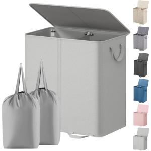 Lifewit Double Laundry Hamper with Lid and Removable Laundry Bags, Large Collapsible 2 Dividers Dirty Clothes Basket with Handles for Bedroom, Laundry Room, Closet, Bathroom, College, 136L Gray(Silver Gray)