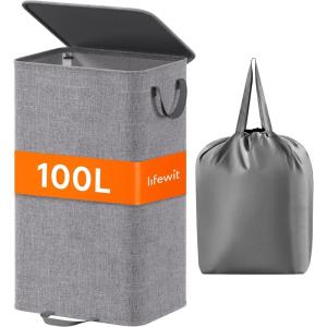 Lifewit Double Laundry Hamper with Lid and Removable Laundry Bags, Large Collapsible 2 Dividers Dirty Clothes Basket with Handles for Bedroom, Laundry Room, Closet, Bathroom, College, 136L Gray(Gray)
