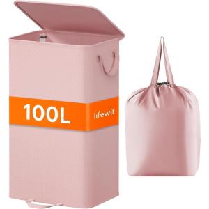 Lifewit Double Laundry Hamper with Lid and Removable Laundry Bags, Large Collapsible 2 Dividers Dirty Clothes Basket with Handles for Bedroom, Laundry Room, Closet, Bathroom, College, 136L Gray(Pink)