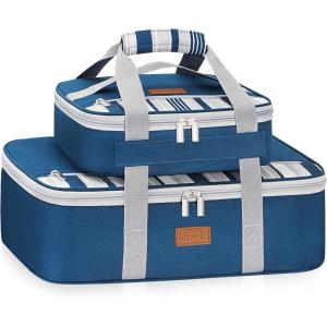 Lifewit Duo Insulated Casserole Carrier for Hot or Cold Food, Lasagna Holder 2 Compartments, Thermal Lunch Tote for Potluck Parties Cookouts, Fits 9″x13″ Casserole Dish, Gray(Blue)