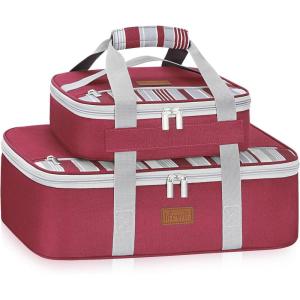 Lifewit Duo Insulated Casserole Carrier for Hot or Cold Food, Lasagna Holder 2 Compartments, Thermal Lunch Tote for Potluck Parties Cookouts, Fits 9″x13″ Casserole Dish, Gray(Red)