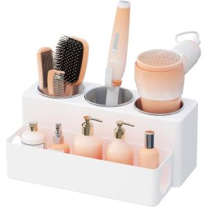 Lifewit Hair Tool Organizer Countertop, Removable Blow Dryer Holder for Bathroom Vanity, Acrylic Hot Tools Organizer Storage for Hair Dryer, Curling Iron, Brush, Straightener, 3 Stainless Cups, White(White)