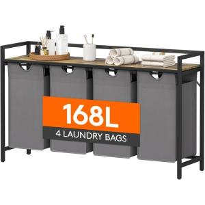 Lifewit Laundry Hamper 4 Section, 168L Pull out Laundry Clothes Basket Organizer with Large Top Shelf and 4 Removable Bags and Handles, Laundry Sorter for Laundry Room Bedroom Bathroom, Black(Gray)