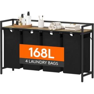 Lifewit Laundry Hamper 4 Section, 168L Pull out Laundry Clothes Basket Organizer with Large Top Shelf and 4 Removable Bags and Handles, Laundry Sorter for Laundry Room Bedroom Bathroom, Black(Black)