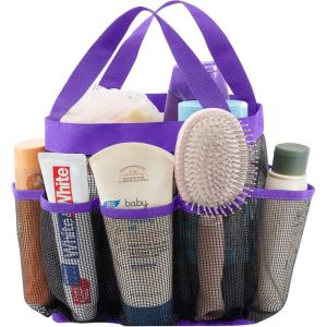 Lifewit Mesh Shower Caddy Freestanding Portable Shower Tote Bag for College Dorm, Bathroom, Gym, Travel, Quick Dry Hanging Organizer with 7 Storage Pockets for Toiletry Essentials, Medium,Black(Purple)