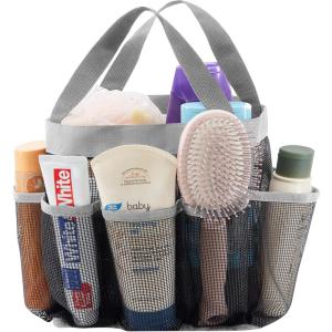 Lifewit Mesh Shower Caddy Freestanding Portable Shower Tote Bag for College Dorm, Bathroom, Gym, Travel, Quick Dry Hanging Organizer with 7 Storage Pockets for Toiletry Essentials, Medium,Black(Grey)
