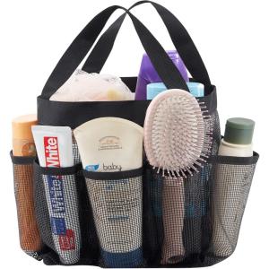 Lifewit Mesh Shower Caddy Freestanding Portable Shower Tote Bag for College Dorm, Bathroom, Gym, Travel, Quick Dry Hanging Organizer with 7 Storage Pockets for Toiletry Essentials, Medium,Black(Black)