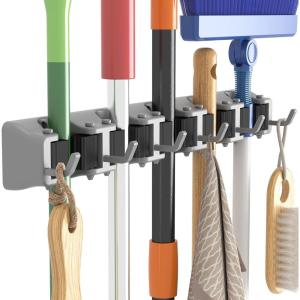 Lifewit Mop and Broom Holder Wall Mount, Anti-Slip Broom Hanger for Kitchen Organization, Heavy Duty Cleaning Supplies Organizer, Easy Install Tool Organizer for Closet, Garage, 5 Slot 6 Hooks, Black(Gray)