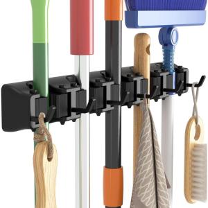 Lifewit Mop and Broom Holder Wall Mount, Anti-Slip Broom Hanger for Kitchen Organization, Heavy Duty Cleaning Supplies Organizer, Easy Install Tool Organizer for Closet, Garage, 5 Slot 6 Hooks, Black(Black)