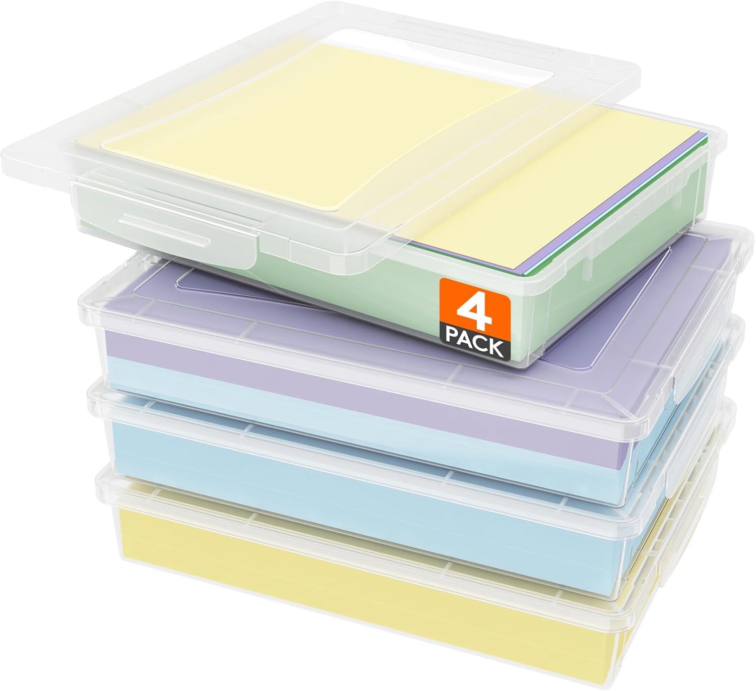 image:imageLifewit 4 Pack Paper Organizer Storage MultiPurpose Plastic File Box with Latching Lids Containers for A4 85 x 11 Letter Scrapbook Document Magazine Art Supplies ClearClear