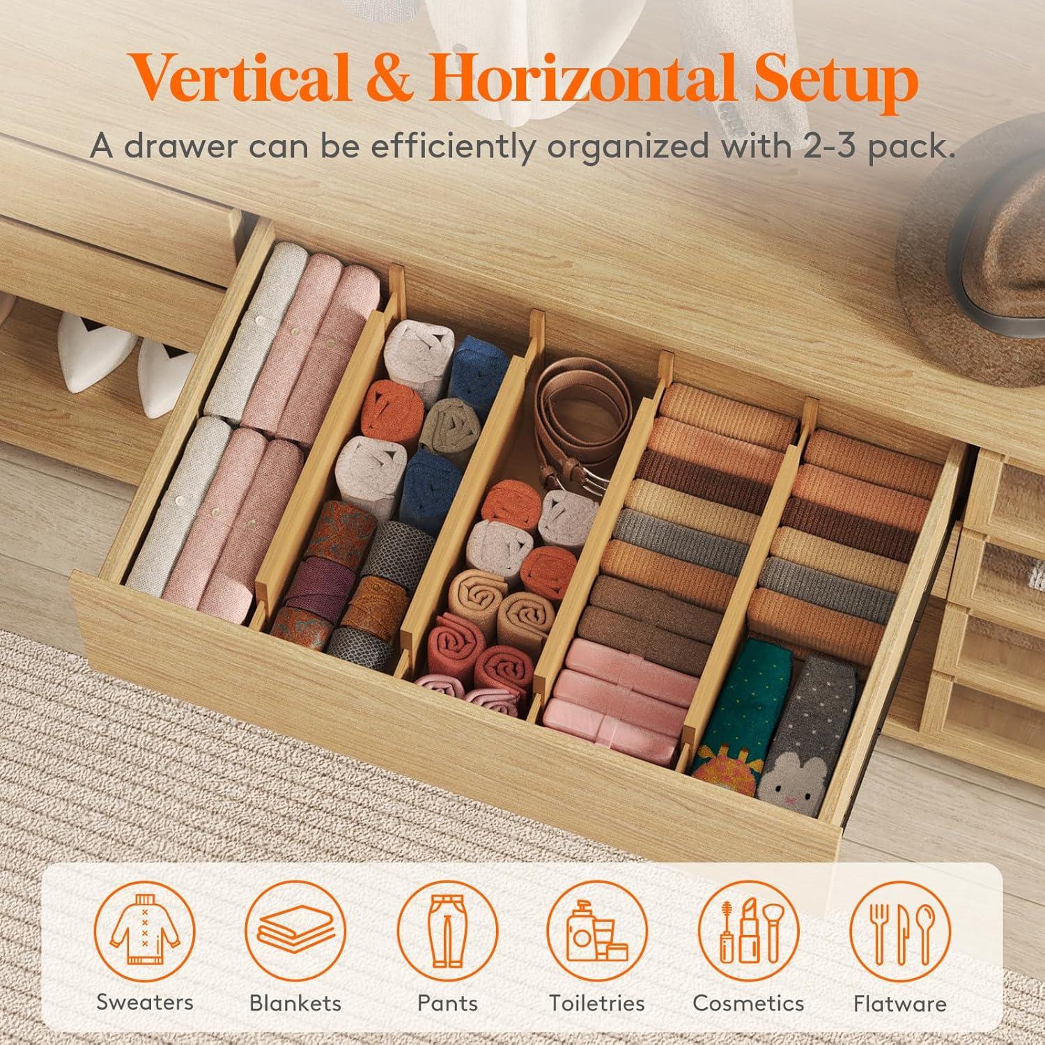 image:imageLifewit 6 Pack 6 Deep Bamboo Drawer Dividers 17522 Expandable Drawer Organisers for Clothes Adjustable Dresser Drawer Divider Clothing Drawers Separators for Dresser Bedroom Bathroom Office4
