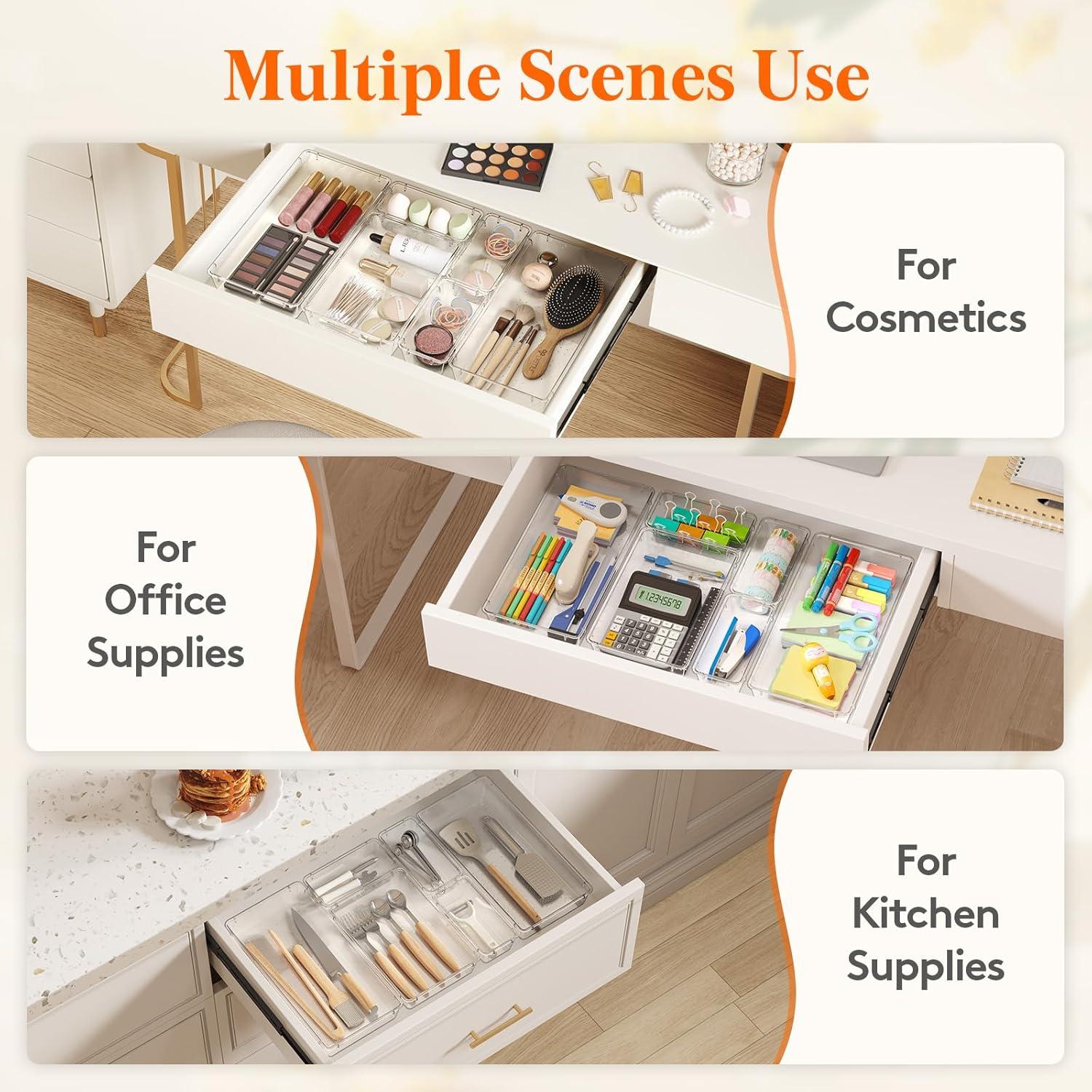 image:imageLifewit 6 Pcs Large Bathroom Drawer Organizers 3 Sizes Clear Plastic Storage Organizer Trays for Make Up Kitchen Utensils Vanity Accessories in BathroomOfficeDresser Organization8