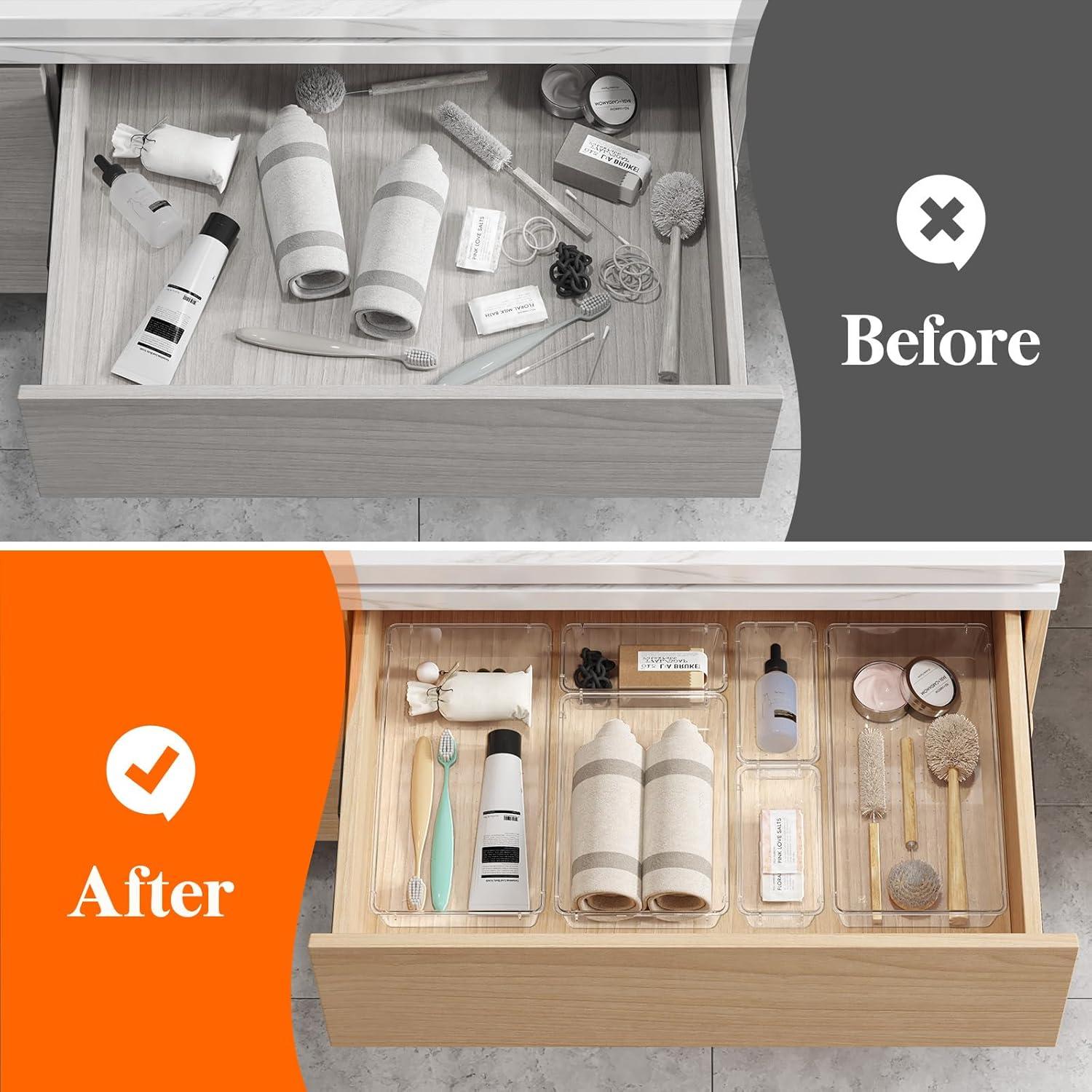 image:imageLifewit 6 Pcs Large Bathroom Drawer Organizers 3 Sizes Clear Plastic Storage Organizer Trays for Make Up Kitchen Utensils Vanity Accessories in BathroomOfficeDresser Organization8
