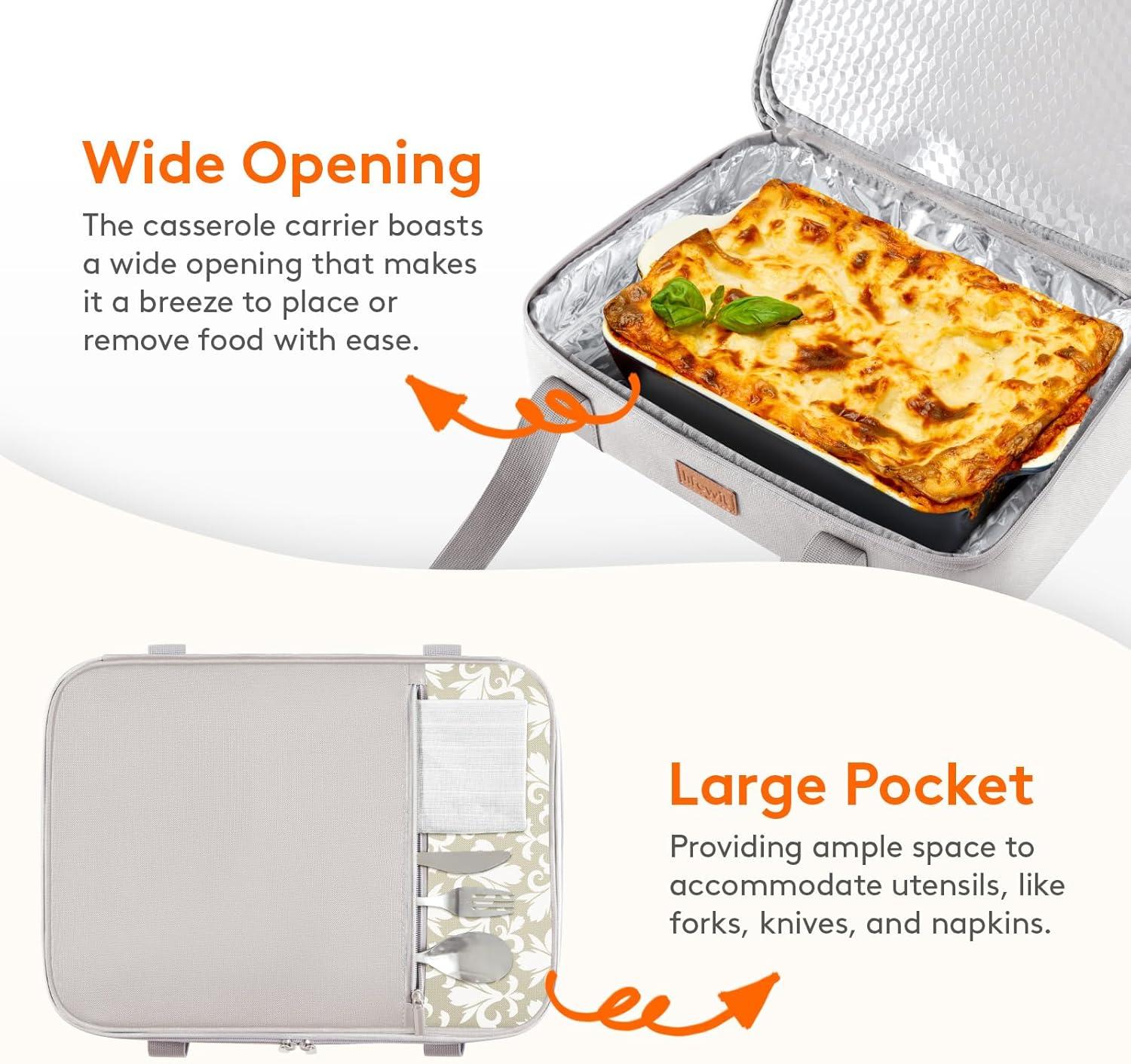 image:imageLifewit Insulated Double Decker Casserole Carrier Expandable Lasagna Lugger Tote Bag for Hot or Cold Food Fits 9 x 13 Baking Dish for Potluck Parties Picnic and Cookouts GreyGreyFlowers