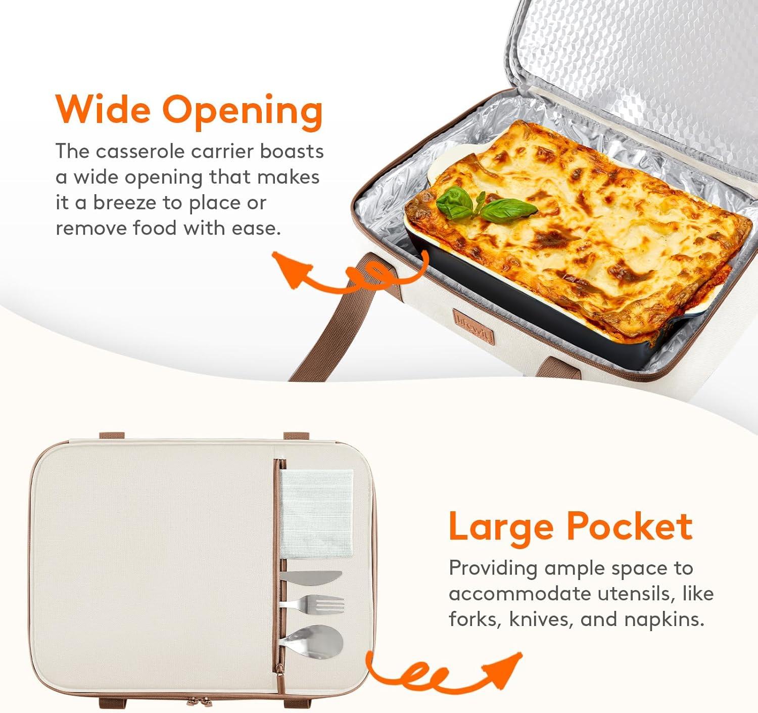 image:imageLifewit Insulated Double Decker Casserole Carrier Expandable Lasagna Lugger Tote Bag for Hot or Cold Food Fits 9 x 13 Baking Dish for Potluck Parties Picnic and Cookouts GreyCream