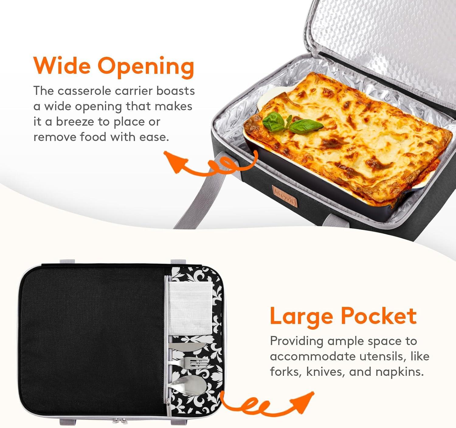 image:imageLifewit Insulated Double Decker Casserole Carrier Expandable Lasagna Lugger Tote Bag for Hot or Cold Food Fits 9 x 13 Baking Dish for Potluck Parties Picnic and Cookouts GreyBlackFlowers