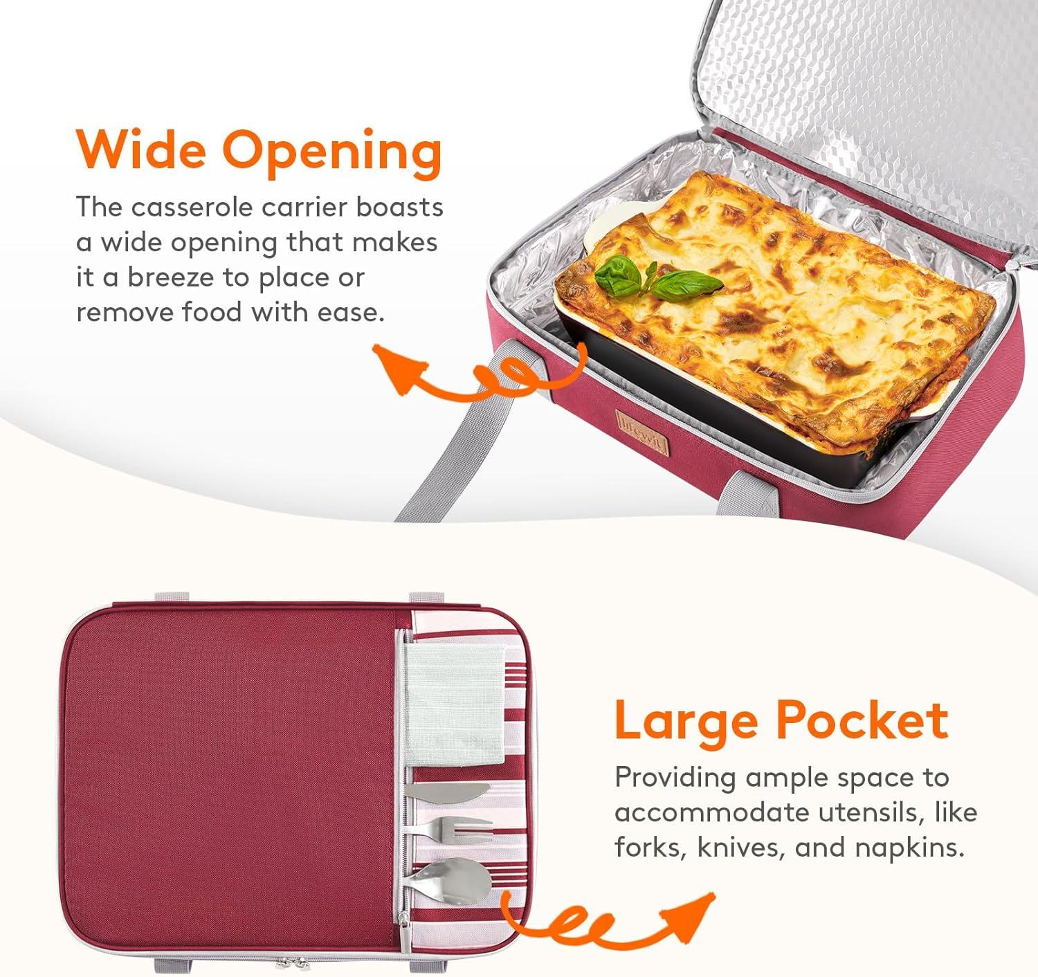 image:imageLifewit Insulated Double Decker Casserole Carrier Expandable Lasagna Lugger Tote Bag for Hot or Cold Food Fits 9 x 13 Baking Dish for Potluck Parties Picnic and Cookouts GreyRed
