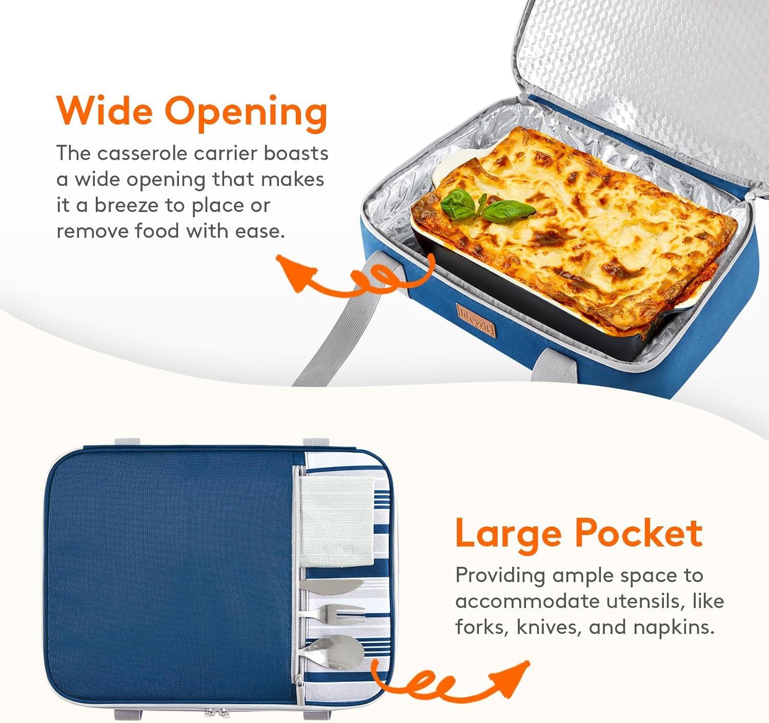image:imageLifewit Insulated Double Decker Casserole Carrier Expandable Lasagna Lugger Tote Bag for Hot or Cold Food Fits 9 x 13 Baking Dish for Potluck Parties Picnic and Cookouts GreyBlue
