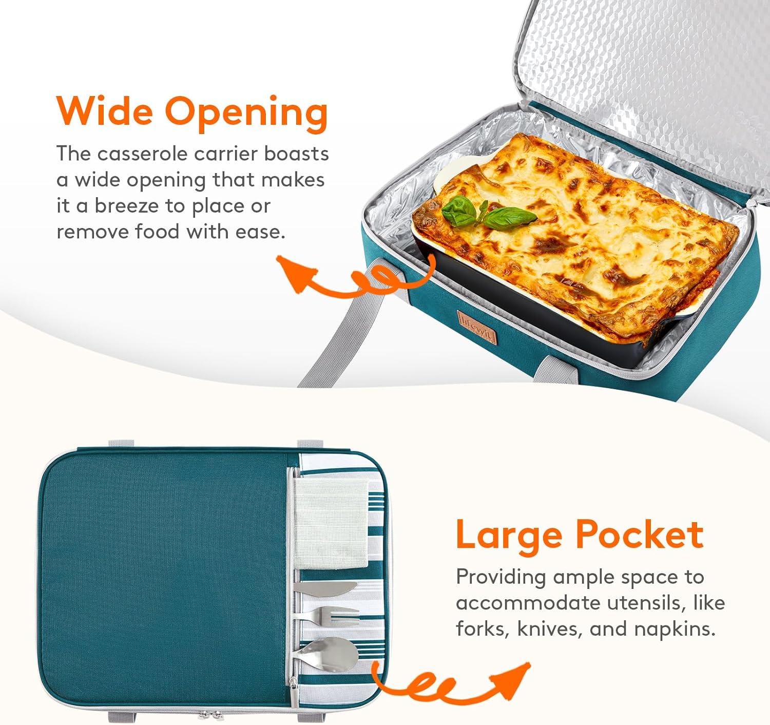 image:imageLifewit Insulated Double Decker Casserole Carrier Expandable Lasagna Lugger Tote Bag for Hot or Cold Food Fits 9 x 13 Baking Dish for Potluck Parties Picnic and Cookouts GreyGreen
