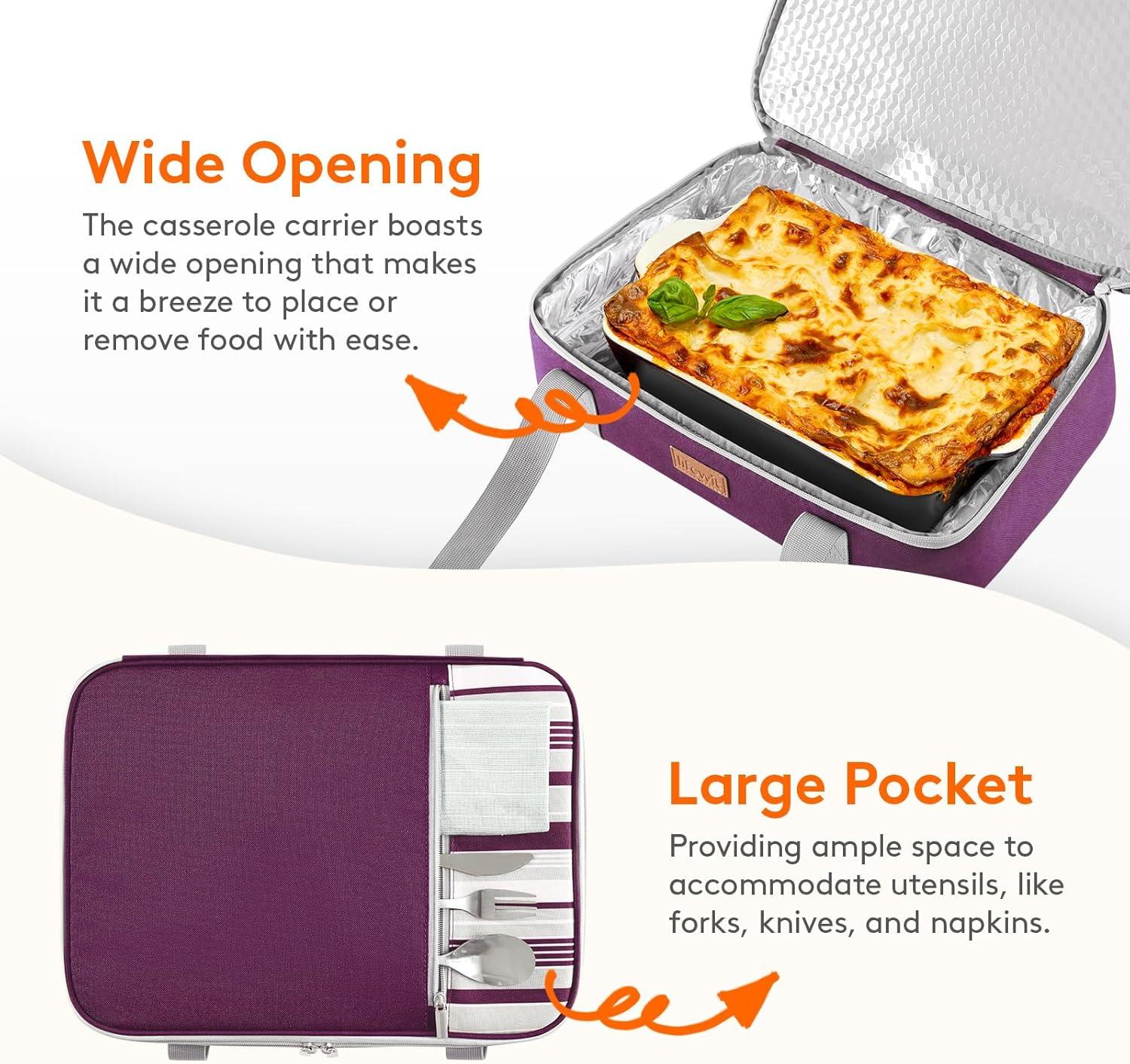 image:imageLifewit Insulated Double Decker Casserole Carrier Expandable Lasagna Lugger Tote Bag for Hot or Cold Food Fits 9 x 13 Baking Dish for Potluck Parties Picnic and Cookouts GreyPurple