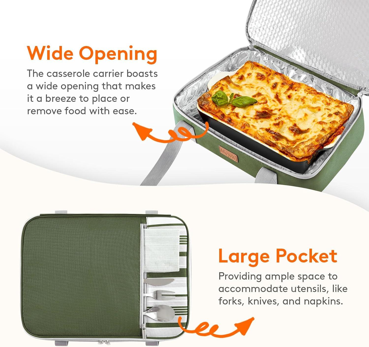 image:imageLifewit Insulated Double Decker Casserole Carrier Expandable Lasagna Lugger Tote Bag for Hot or Cold Food Fits 9 x 13 Baking Dish for Potluck Parties Picnic and Cookouts GreyDark Green