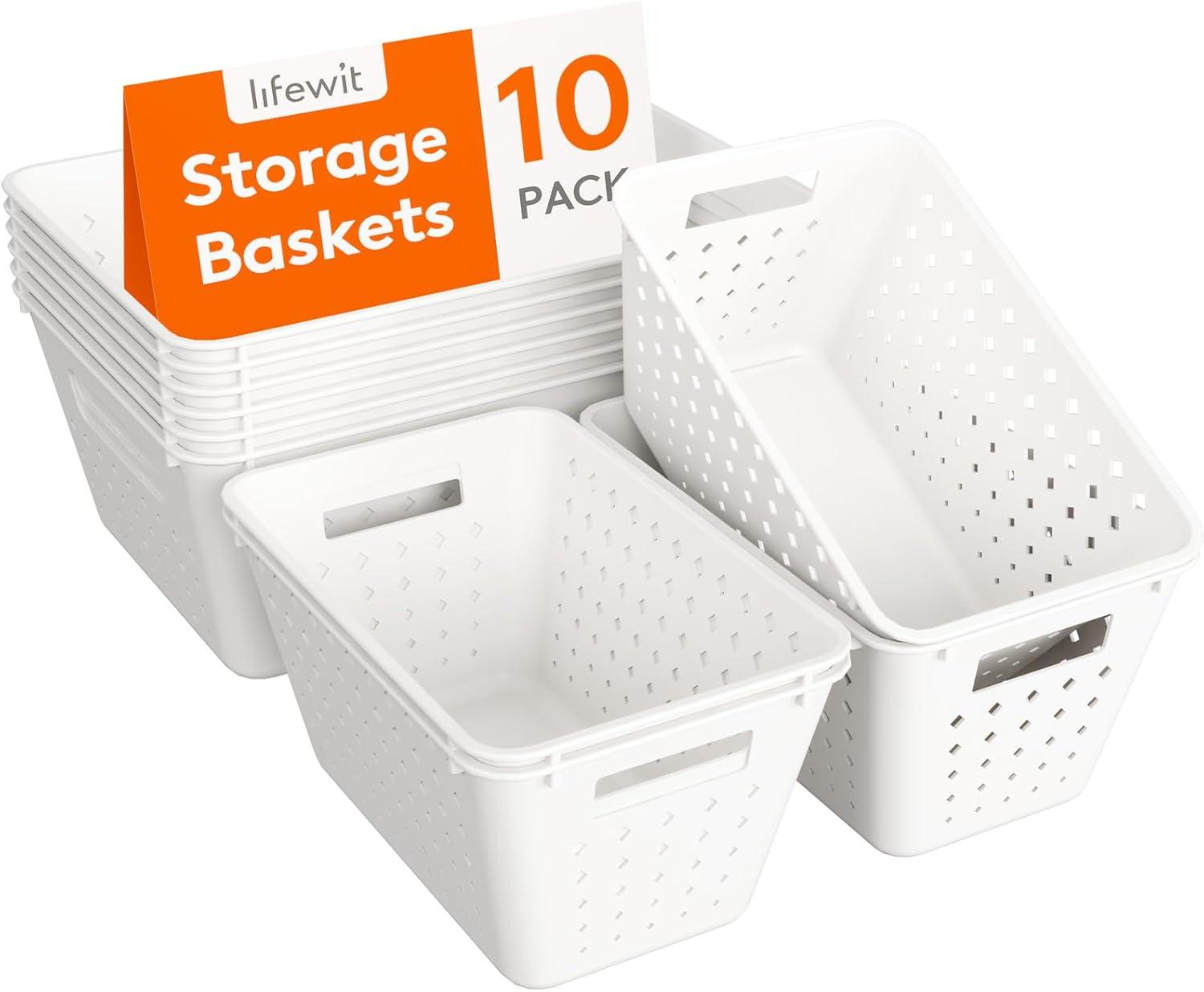 image:imageLifewit Plastic Storage Basket 7 Pack Stackable Storage Bins for Organizing Multi Size Open Containers for Shelving Pantry Office and Cabinet 5 Large and 2 Small Size BlackWhite